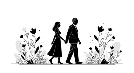 Silhouette of a couple holding hands walking through a field of flowers in black and white illustration