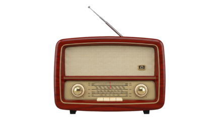 Isolated vintage radio receiver with a shiny mahogany case and antenna, nostalgic sound