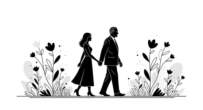 Silhouette of a couple holding hands walking through a field of flowers in black and white illustration