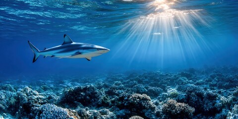 Majestic shark gliding through clear waters above vibrant coral reefs