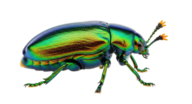 Isolated iridescent jewel beetle with green body and legs, orange tips on antennae