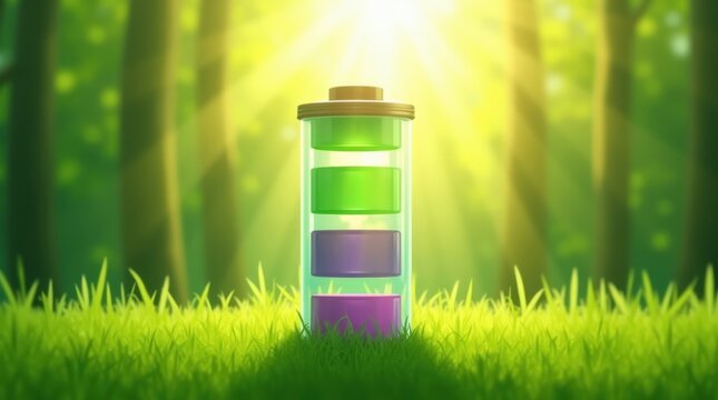 Green energy battery glowing in a sunlit forest with grass