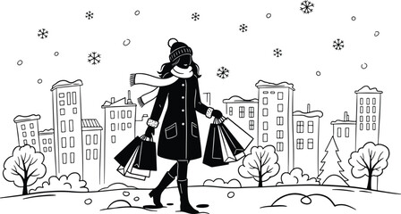 Winter shopping woman walking through city snow wearing winter clothes