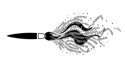 A digital brushstroke: binary code flowing from a paintbrush in black and white design style