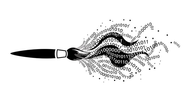 A digital brushstroke: binary code flowing from a paintbrush in black and white design style