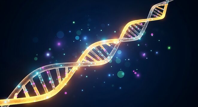 Glowing dna helix with colorful particles against a dark background
