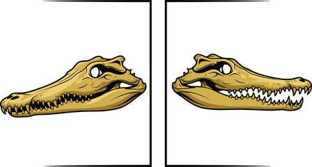 Crocodile skull fossil illustration, ancient reptile bone drawing, prehistoric skeleton art, educational vector showing crocodile head bones for science and biology concept