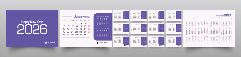 Desk calendar 2026 week start Monday corporate design template vector. Cover calendar. Monthly calendar layout. Minimalist modern desk calendar design in horizontal layout. corporate calendar