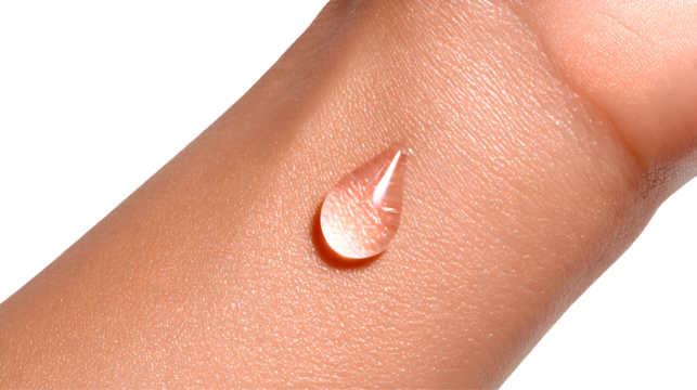 Extreme close-up of a clear, tear-shaped light pink liquid or serum drop resting on smooth human skin (wrist/hand), symbolizing product testing and hydration.