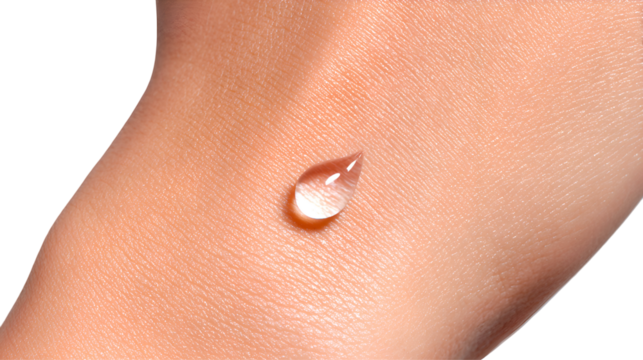 Extreme close-up of a perfectly clear, tear-shaped golden liquid or serum drop resting on smooth human skin (wrist/hand), symbolizing product testing and hydration.