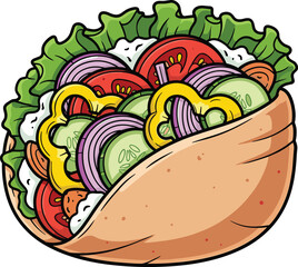 Fresh healthy vegetable pita wrap sandwich with tomato, cucumber, lettuce, onion, and bell pepper, colorful cartoon food illustration design