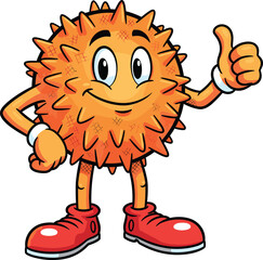 Cute cartoon spiky ball character smiling with thumbs up, cheerful mascot with happy face and red shoes, fun illustration design