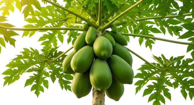 Cluster of unripe green papayas, hanging from a tree with large lobed leaves, cutout, PNG isolated on white or transparent background