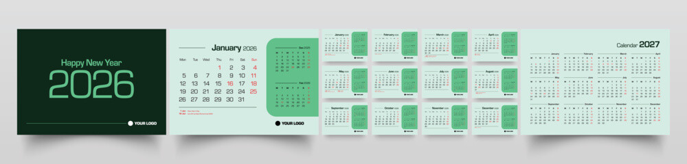 Indonesian calendar 2026 week start Monday corporate design template vector. Cover calendar. Monthly calendar layout. Minimalist modern desk calendar design in horizontal layout. corporate calendar