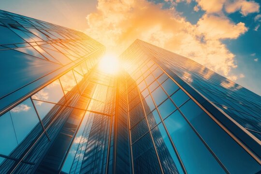 Modern skyscraper buildings sunlight architecture.
