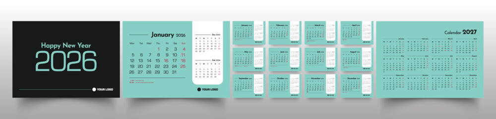 Indonesian calendar 2026 week start Monday corporate design template vector. Cover calendar. Monthly calendar layout. Minimalist modern desk calendar design in horizontal layout. corporate calendar