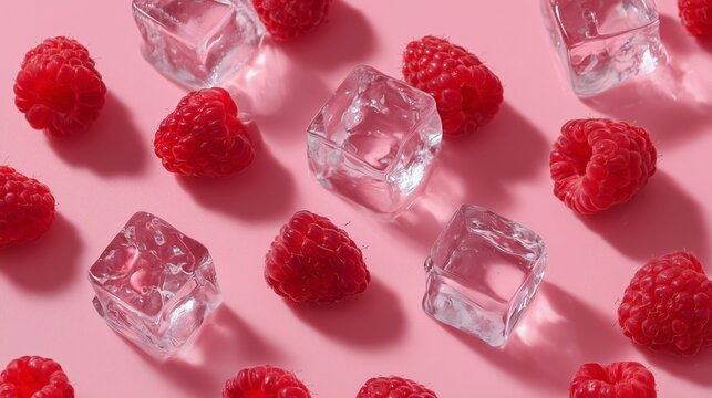 Ripe raspberries and ice cubes arranged on a pink surface for a refreshing summer vibe