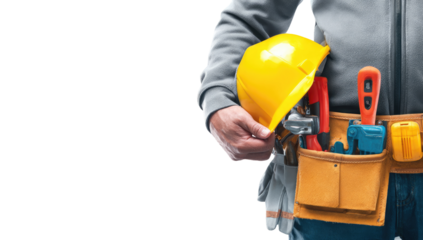 Worker holds safety helmet, tools on belt