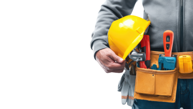 Worker holds safety helmet, tools on belt