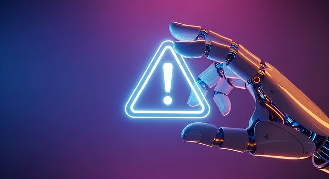Robot hand holding a glowing warning sign, symbolizing artificial intelligence risks and potential dangers in technology development