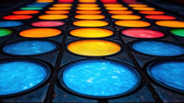Colorful circular lights in a grid pattern