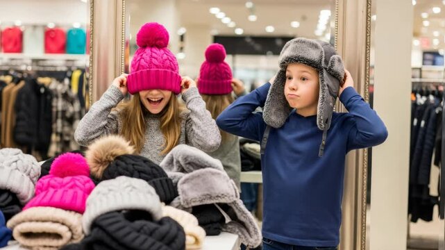 Girl and boy trying on winter hat in shop, happy kid playing with funny trapper ushanka in retail store for winter fashion.