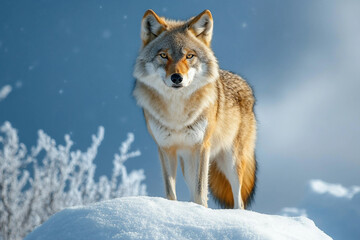 Obraz premium Pack of wild wolves walking through snowy forest in winter landscape, focused leader wolf in front, survival scene, generative ai