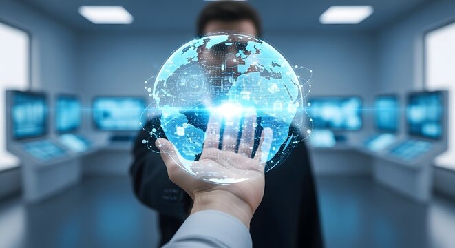 Man holding digital globe in control room with multiple screens displaying information in background
