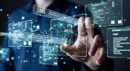 Man interacting with holographic logs and data displays in a futuristic interface