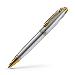 Naklejka premium A photorealistic 3D rendering of an elegant, silver and gold-trimmed fountain pen or rollerball pen, positioned diagonally and isolated on a clean white background.