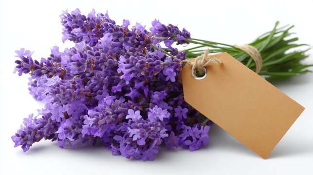 Freshly cut lavender bouquet with a brown tag for labeling or decoration purposes