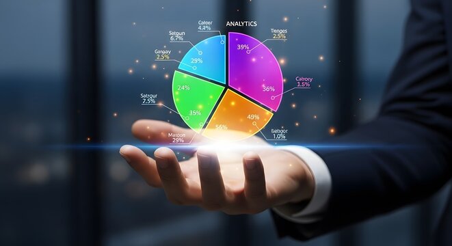 Hand holding a pie chart with analytics data and percentage breakdown in a business setting