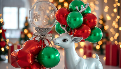 Whimsical reindeer figurine with colorful balloons and snow globe in a festive Christmas setting