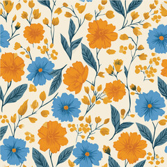 Seamless of minimalist floral pattern blue and yellow Flowers style