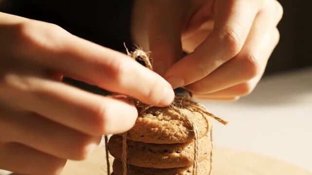 Close-up of hands tying a rustic string around a stack of homemade cookies, preparing them for gifting or packaging.