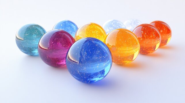 Colorful glass orbs arranged in a triangle