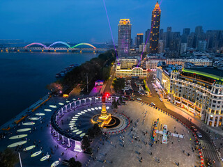 Harbin, CHINA-MAY 15, 2025-Aerial view of Harbin People's Flood Control Victory Memorial Tower in the downtown of Harbin city.