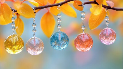 Colorful glass ornaments dangle from autumnal leaves
