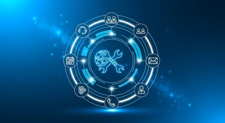A digital illustration of a glowing, futuristic interface featuring icons representing various aspects of technical support and customer service solutions