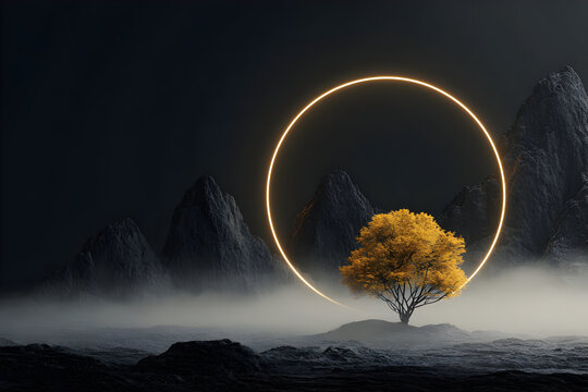 Mystical dreamlike scenery with illuminated golden tree and rocky terrain at night - Powered by Adobe