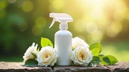 White spray bottle with white roses and green leaves outdoors
