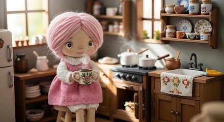 A handmade doll holds a cup of hot beverage in a rustic kitchen.