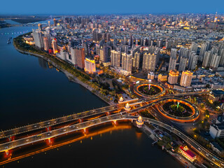 Harbin, CHINA-MAY 05, 2025-Aerial cityscape of Harbin's downtown, is the capital of Heilongjiang, China. It is the largest city of Heilongjiang