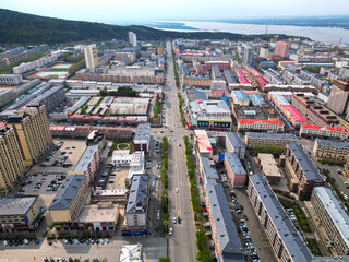 FUYUAN, CHINA - MAY 14, 2025-Aerial cityscape of downtown of Fuyuan city is the most eastern point of China, border crossing between China and Russia.