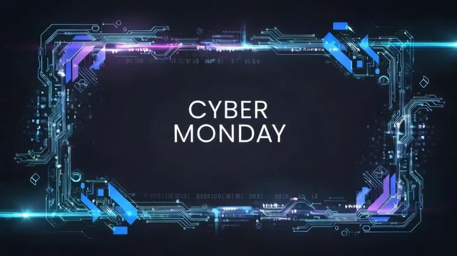 Cyber Monday digital circuit animated frame with glowing data lines for tech shopping event promotion