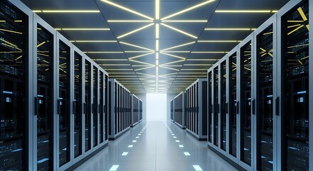 Server room with modern equipment for data storage and processing in a data center, illuminated by neon lights, creating a futuristic atmosphere
