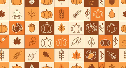 Seamless vector pattern of Thanksgiving and Fall harvest icons in a checkerboard grid.