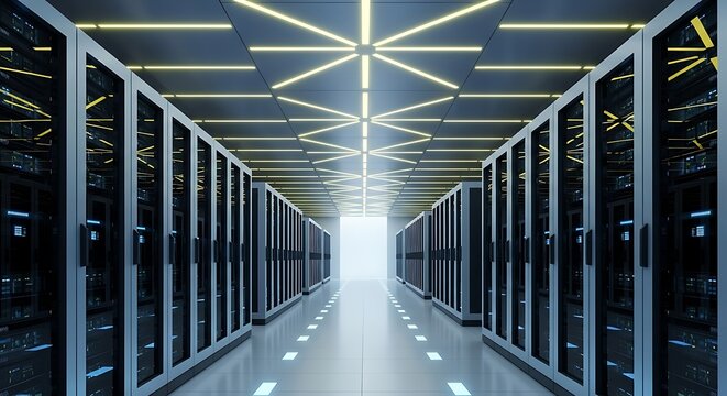 Server room with modern equipment for data storage and processing in a data center, illuminated by neon lights, creating a futuristic atmosphere