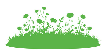 A compact lawn featuring grass and flowers. This graphic element symbolizes summer and spring, suitable for diverse designs. Isolated on a white background.