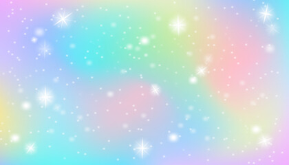 Pastel unicorn hologram gradient with sparkles. Soft pink, purple and rainbow fantasy background for festive design, kids party and magical vector illustration © Hanna